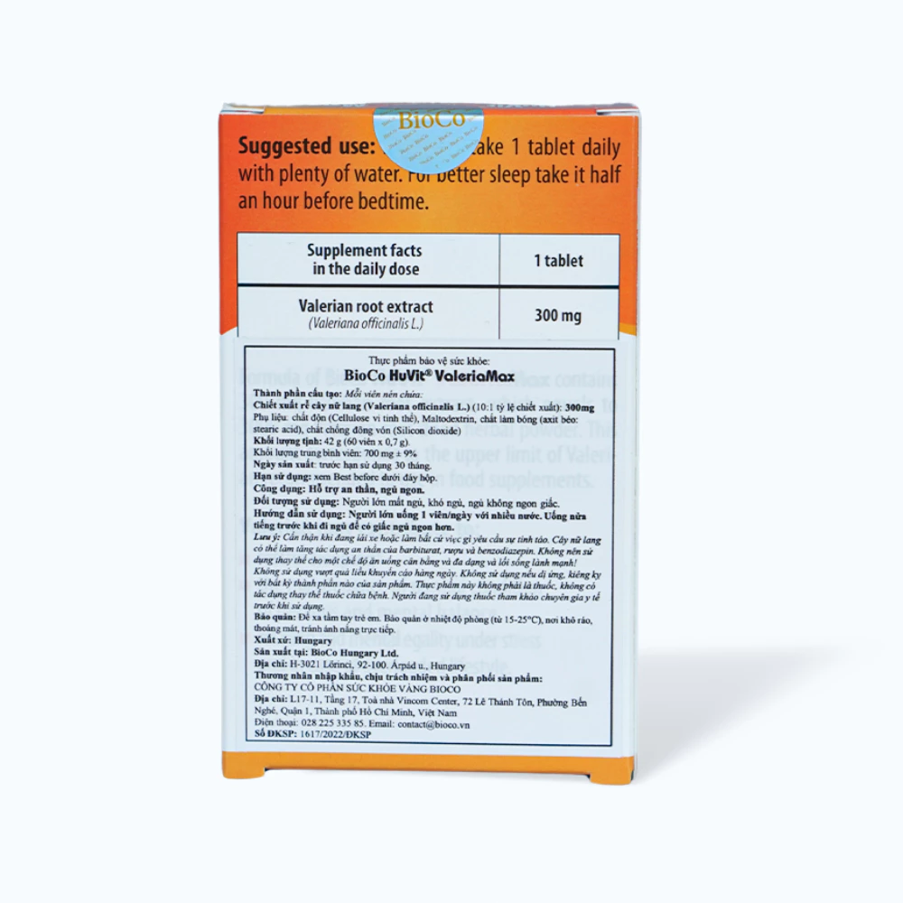 Viên uống Bioco Huvit Valeria Max hỗ trợ giấc ngủ, an thần (hộp 60 viên)