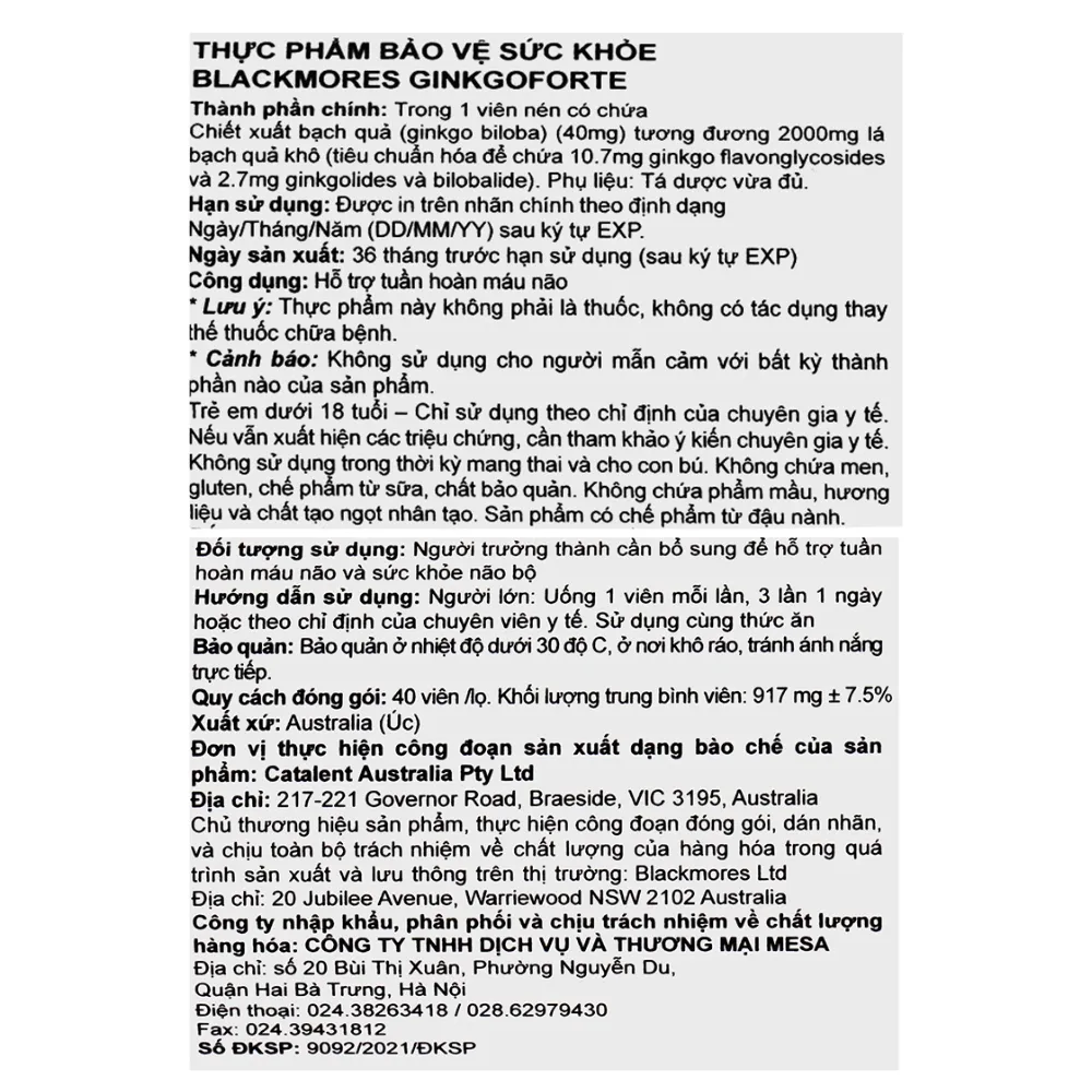 Viên uống bổ não Blackmores ginkgoforte (40 viên)