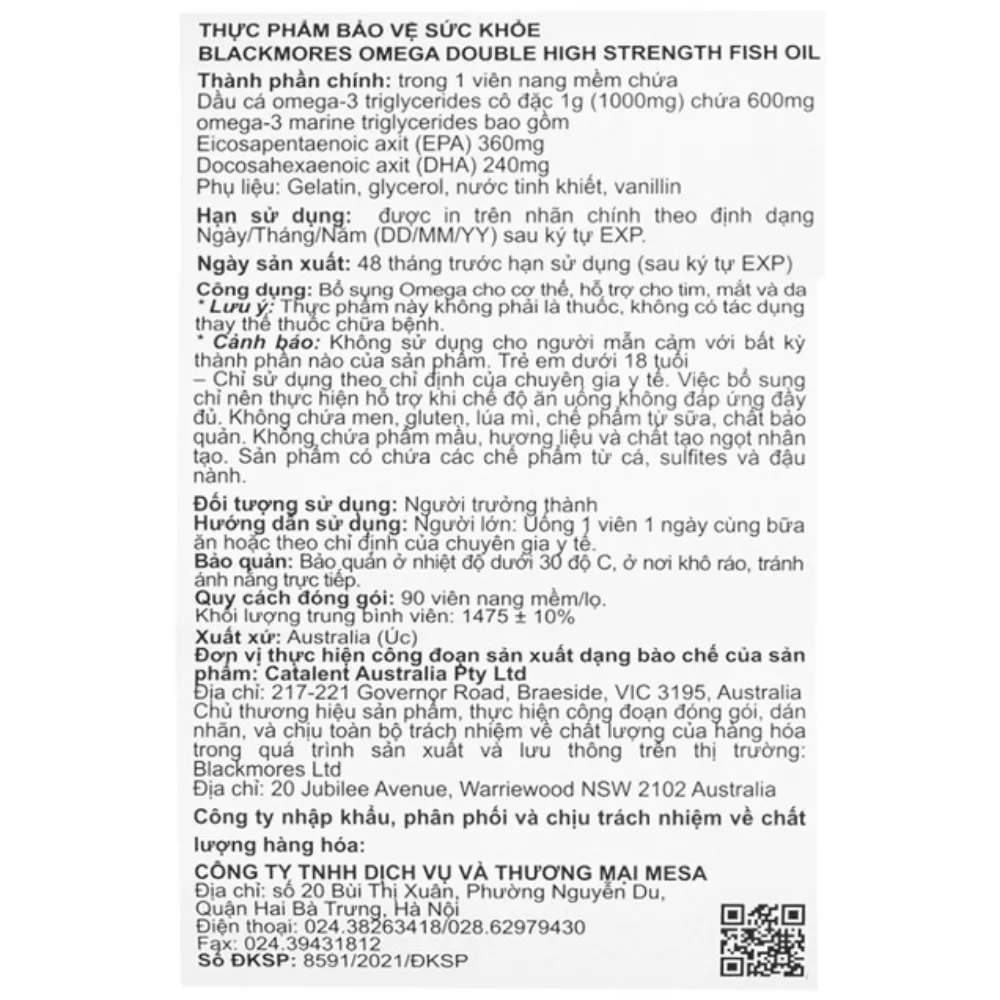 Viên uống bổ sung dầu cá Blackmores omega double high strength fish oil (90 viên)