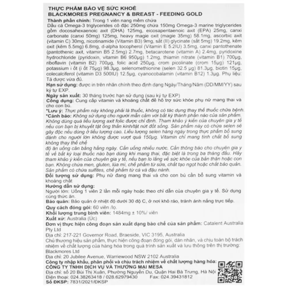 Viên uống cho bà bầu Blackmores pregnancy & breast feeding gold (60 viên)