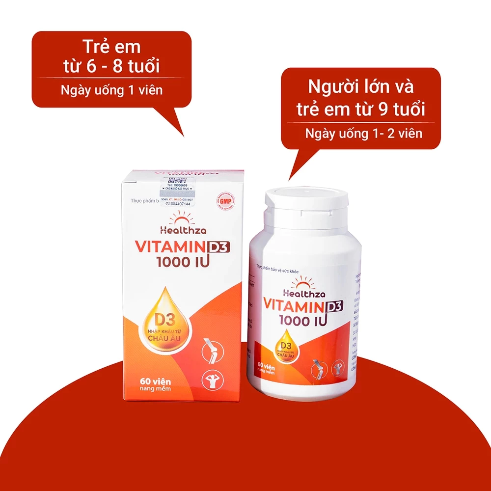 Viên uống Herbland Healthza Vitamin D3 1000IU hỗ trợ hấp thu canxi 60 viên (từ 6 tuổi)