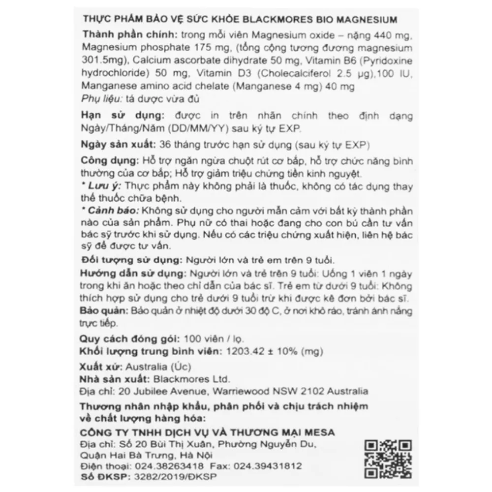 Viên uống hỗ trợ cơ bắp Blackmores bio magnesium (100 viên)