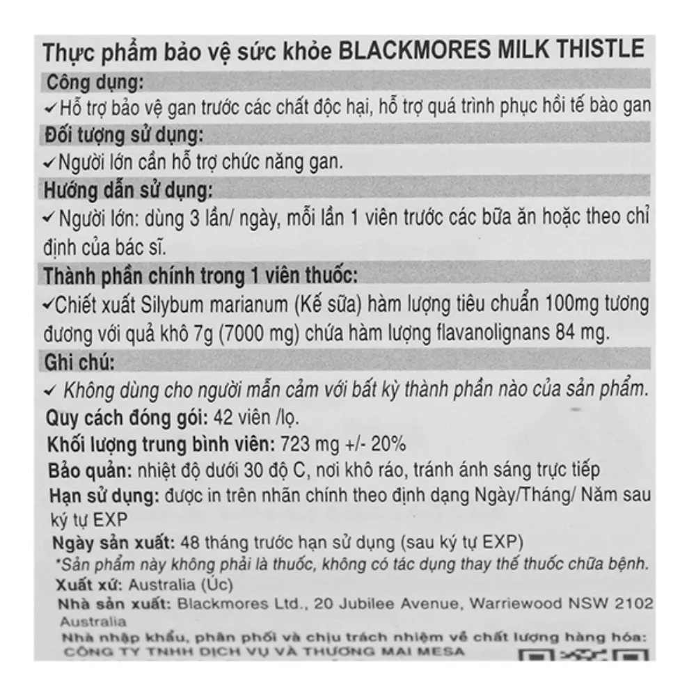 Viên uống hỗ trợ gan Blackmores milk thistle (42 viên)