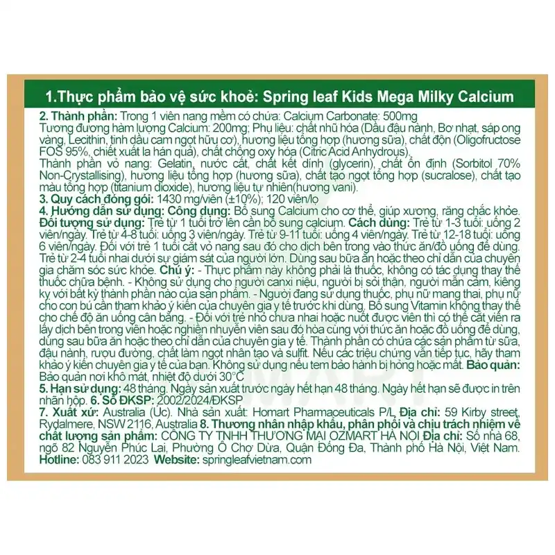 Viên uống SpringLeaf Kids Mega Milky Calcium hỗ trợ xương, răng chắc khỏe 120 viên (từ 1 tuổi)