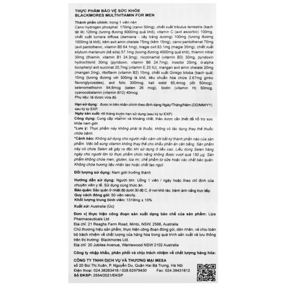 Viên uống tăng cường sinh lý nam Blackmores multivitamin for men (50 viên)