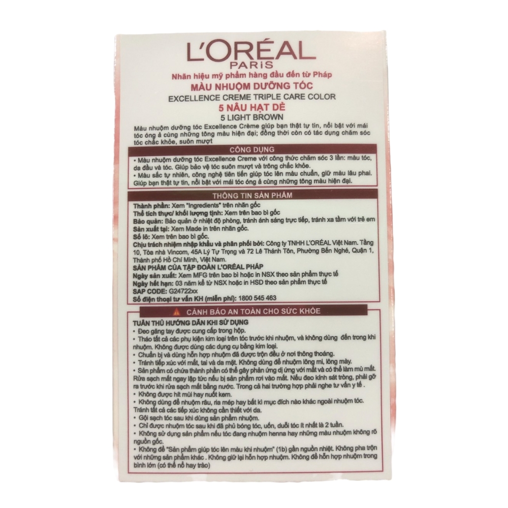 Màu nhuộm L'Oreal dưỡng tóc phủ bạc 5 nâu hạt dẻ 172ml