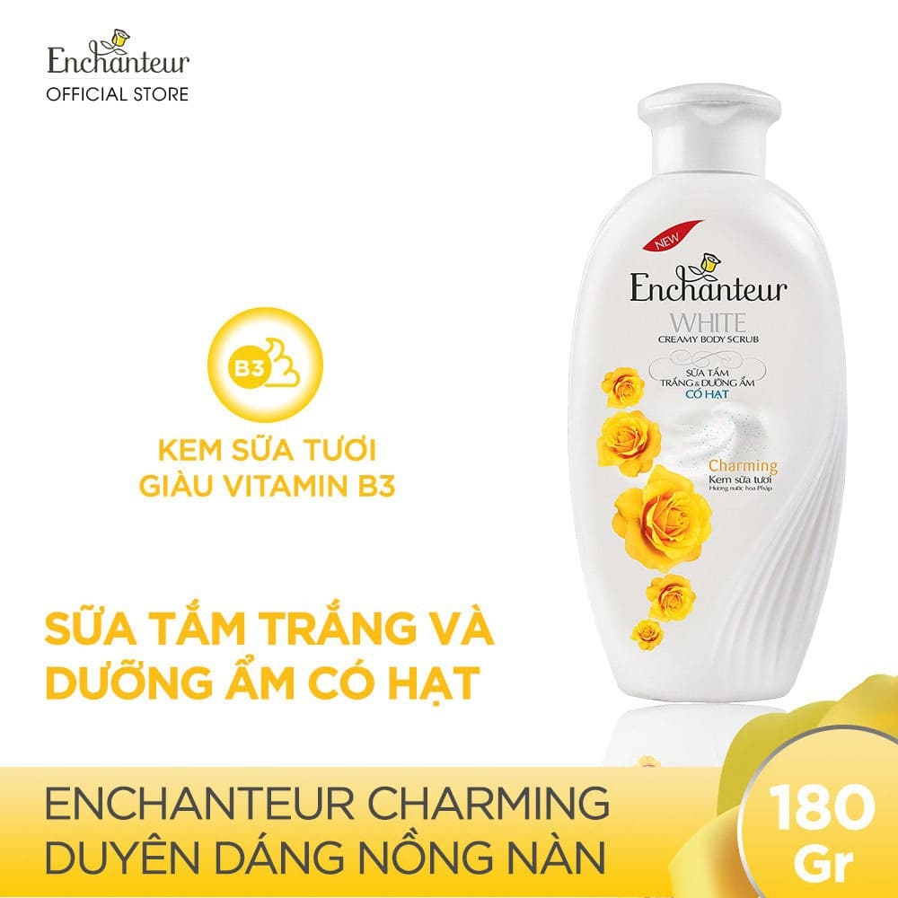 Sữa tắm trắng và dưỡng ẩm có hạt Enchanteur Charming 180g