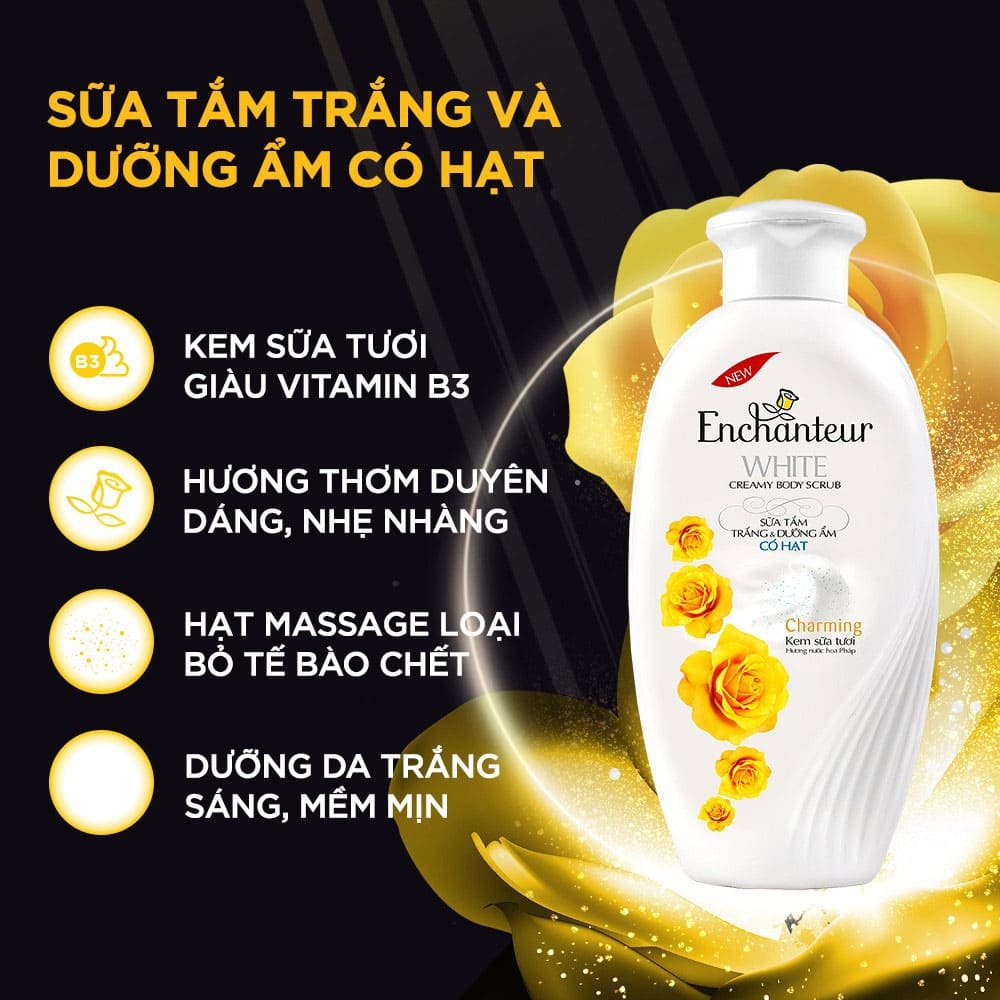 Sữa tắm trắng và dưỡng ẩm có hạt Enchanteur Charming 180g