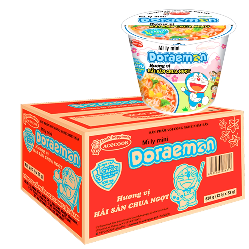 XÓA - [Thùng 12 ly] Mì ly mini Doraemon hải sản chua ngọt 53g