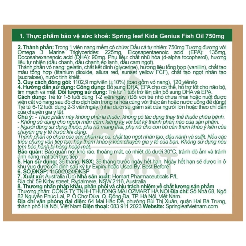 Viên uống SpringLeaf Kids Genius Fish Oil hỗ trợ não bộ và thị giác 120 viên (từ 1 tuổi)