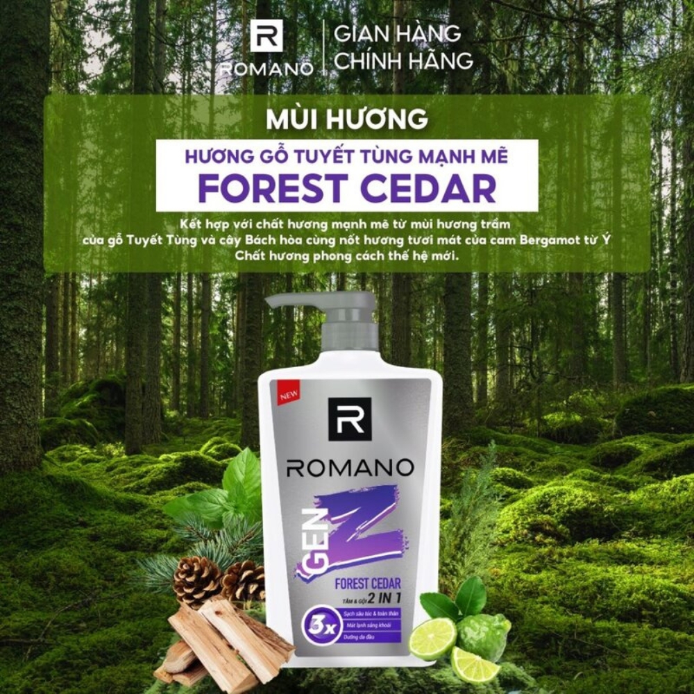 Tắm gội 2in1 sạch sâu Romano Genz Sea Breeze/Forest Cedar 610g
