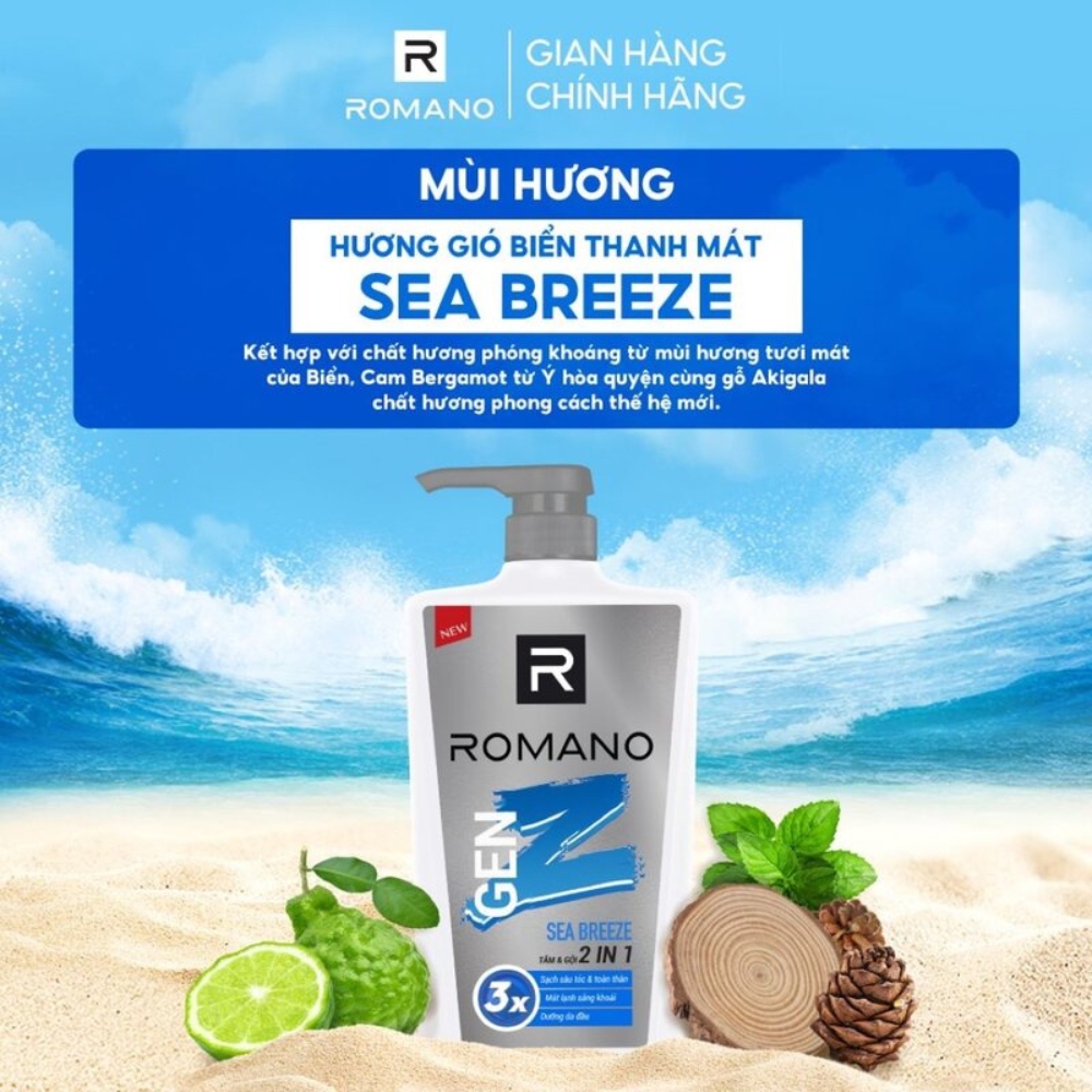 Tắm gội 2in1 sạch sâu Romano Genz Sea Breeze/Forest Cedar 610g