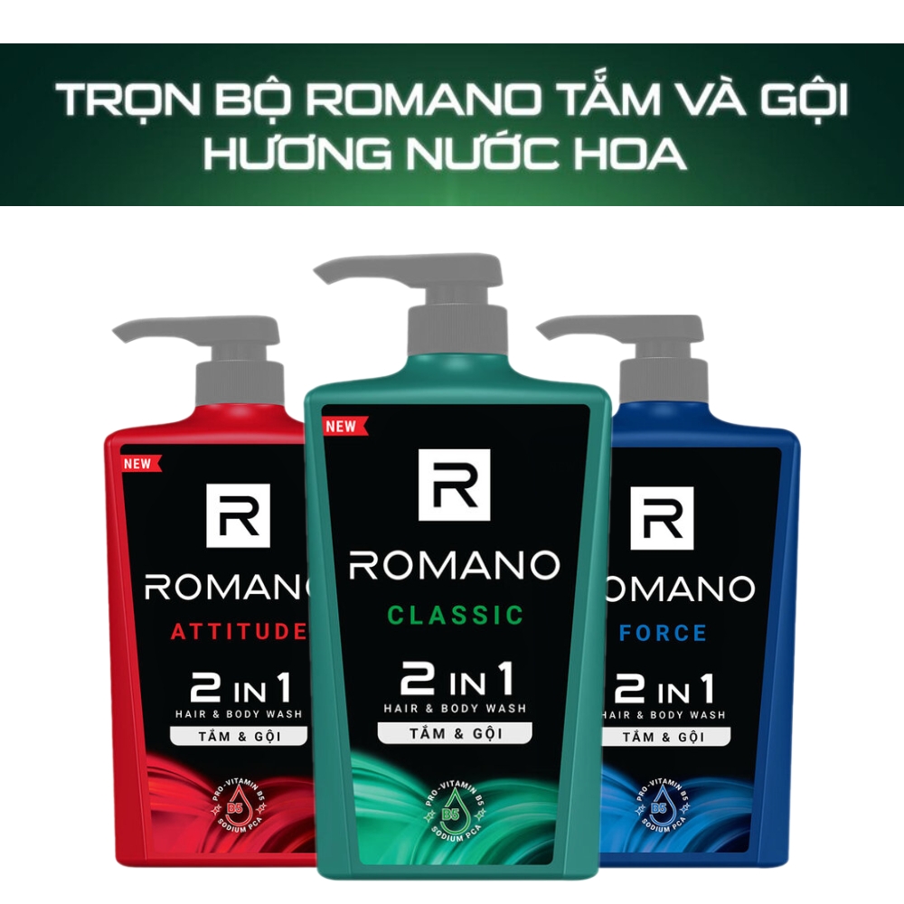 Tắm gội 2in1 hương nước hoa Romano Classic/Attitude/Force 650g