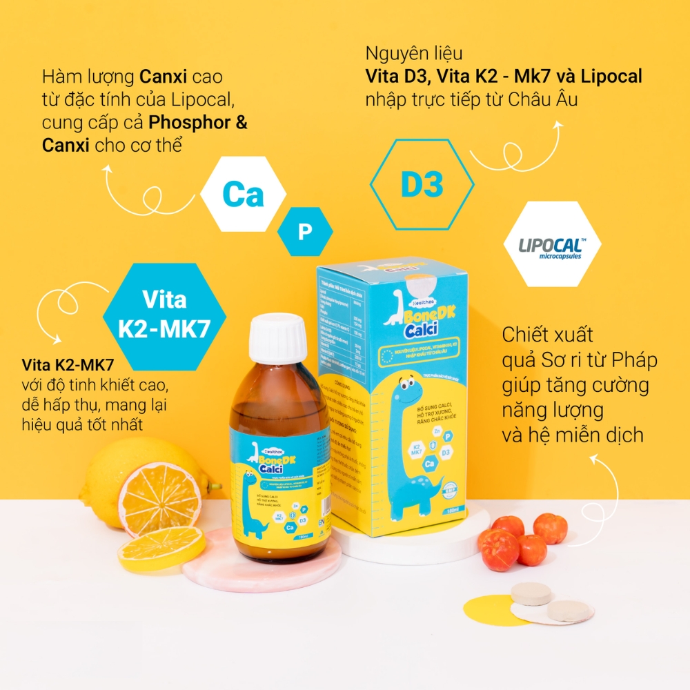 Siro Herbland Healthza BoneDK Calci hỗ trợ phát triển xương và răng 180ml (từ 1 tuổi)