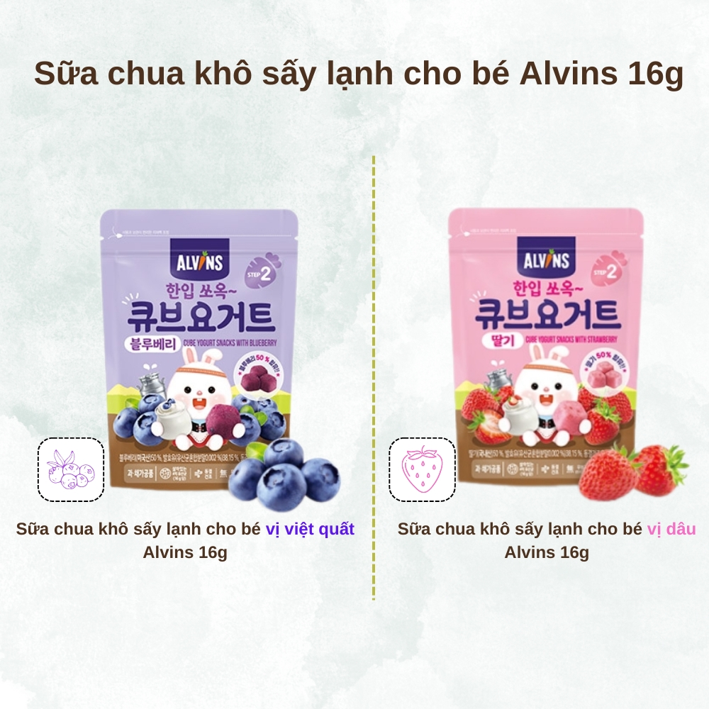 Sữa chua khô sấy lạnh cho bé vị việt quất/vị dâu Alvins 16g dành cho bé từ 1 tuổi