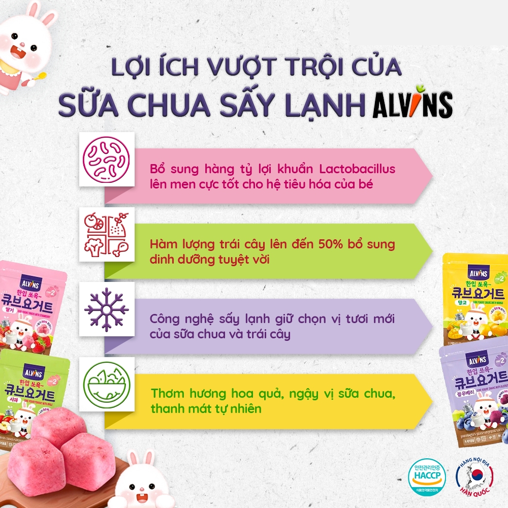 Sữa chua khô sấy lạnh cho bé vị việt quất/vị dâu Alvins 16g dành cho bé từ 1 tuổi