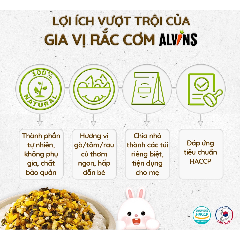 Gia vị rắc cơm cho bé vị gà/vị rau củ/vị tôm Alvins 28g dành cho bé từ 15 tháng tuổi