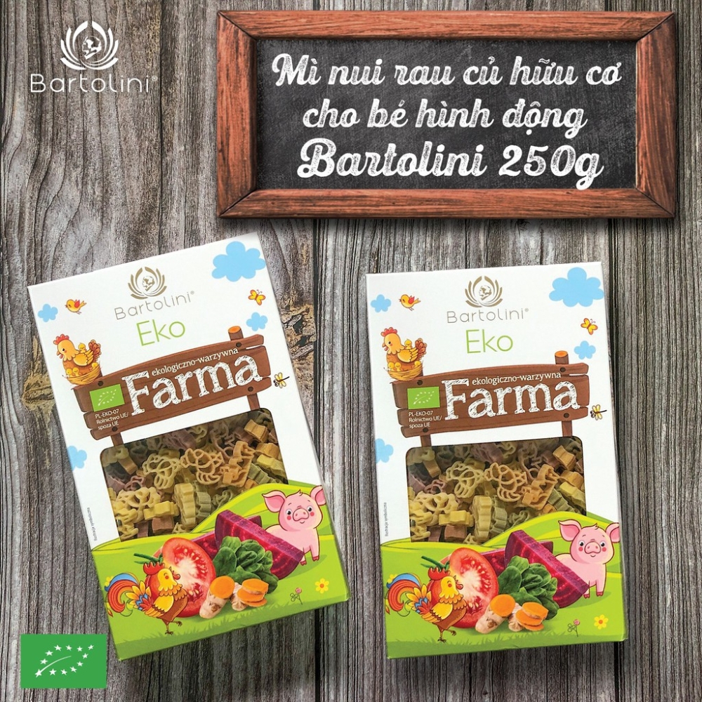 Mì nui rau củ hữu cơ cho bé hình động vật Bartolini 250g dành cho bé từ 10 tháng tuổi