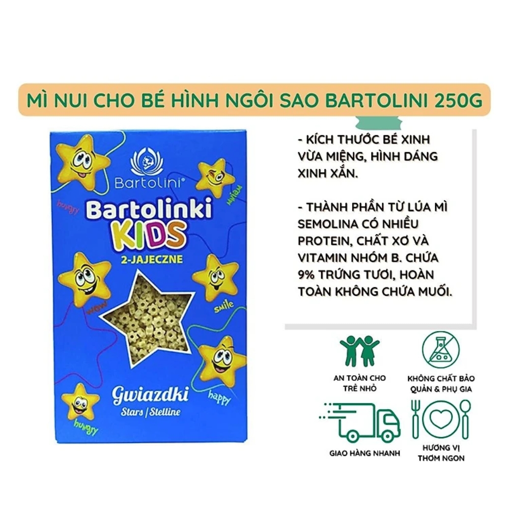 Mì nui cho bé hình ngôi sao/hình chữ cái và số Bartolini 250g dành cho bé từ 8 tháng tuổi