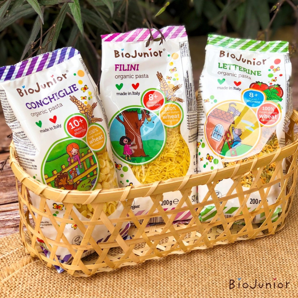Mì nui ăn dặm hữu cơ cho bé hình vỏ sò/hình chữ cái/dạng sợi Bio Junior 200g dành cho bé từ 10 tháng tuổi