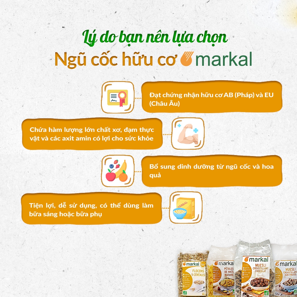 Ngũ cốc giòn trái cây hữu cơ Markal 375g