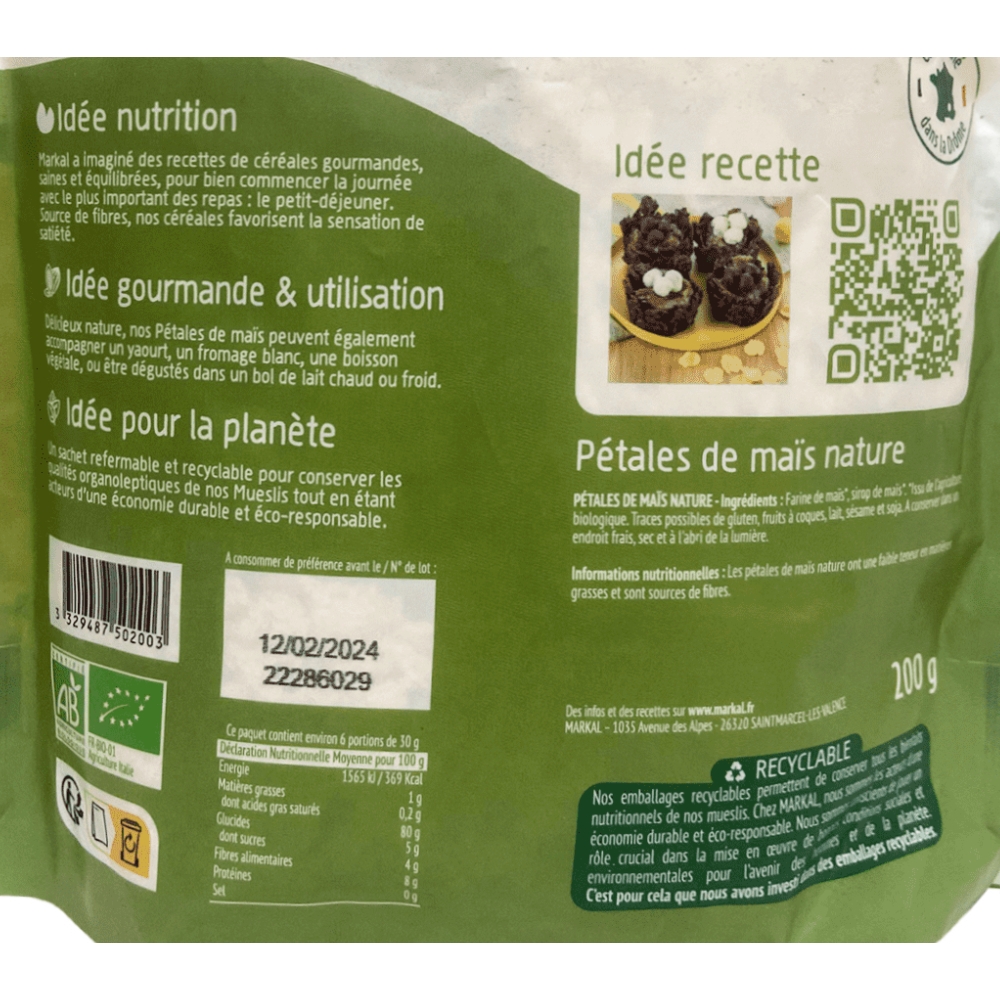 Ngũ cốc hữu cơ bắp (ngô) cán dẹp Markal 200g