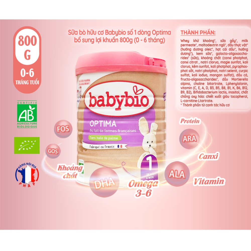 Sữa bò hữu cơ Babybio số 1/số 2/số 3 dòng Optima bổ sung lợi khuẩn 800g dành cho bé từ sơ sinh đến 36 tháng tuổi