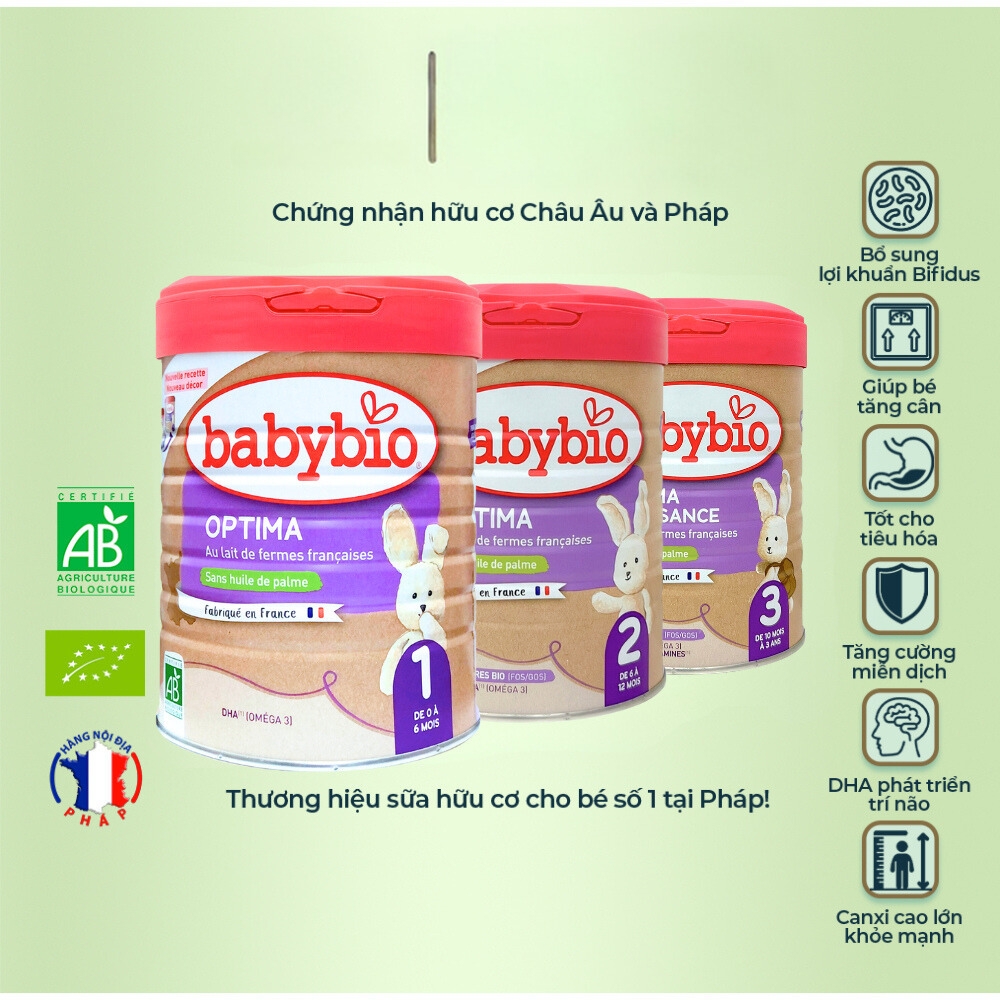 Sữa bò hữu cơ Babybio số 1/số 2/số 3 dòng Optima bổ sung lợi khuẩn 800g dành cho bé từ sơ sinh đến 36 tháng tuổi