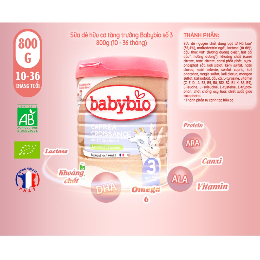 Sữa dê hữu cơ Babybio số 1/số 2/số 3 800g dành cho bé từ sơ sinh đến 36 tháng tuổi