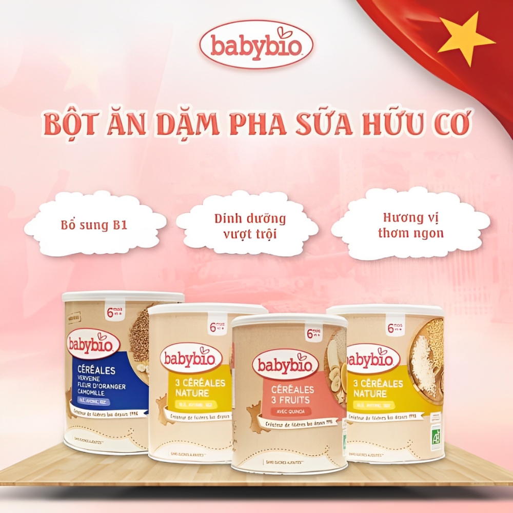 Bột ăn dặm pha sữa hữu cơ nhiều vị bổ sung vitamin B1 Babybio 220g dành cho bé từ 6 tháng tuổi