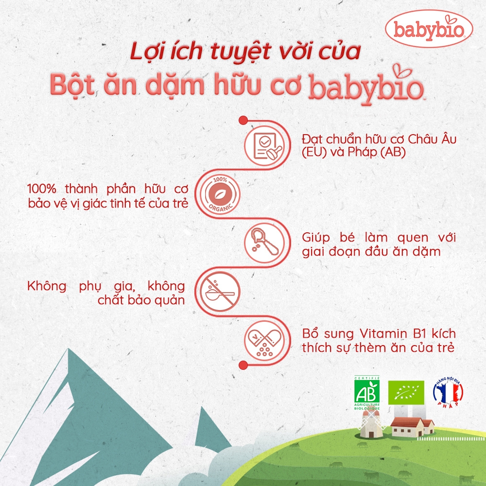 Bột ăn dặm pha sữa hữu cơ nhiều vị bổ sung vitamin B1 Babybio 220g dành cho bé từ 6 tháng tuổi