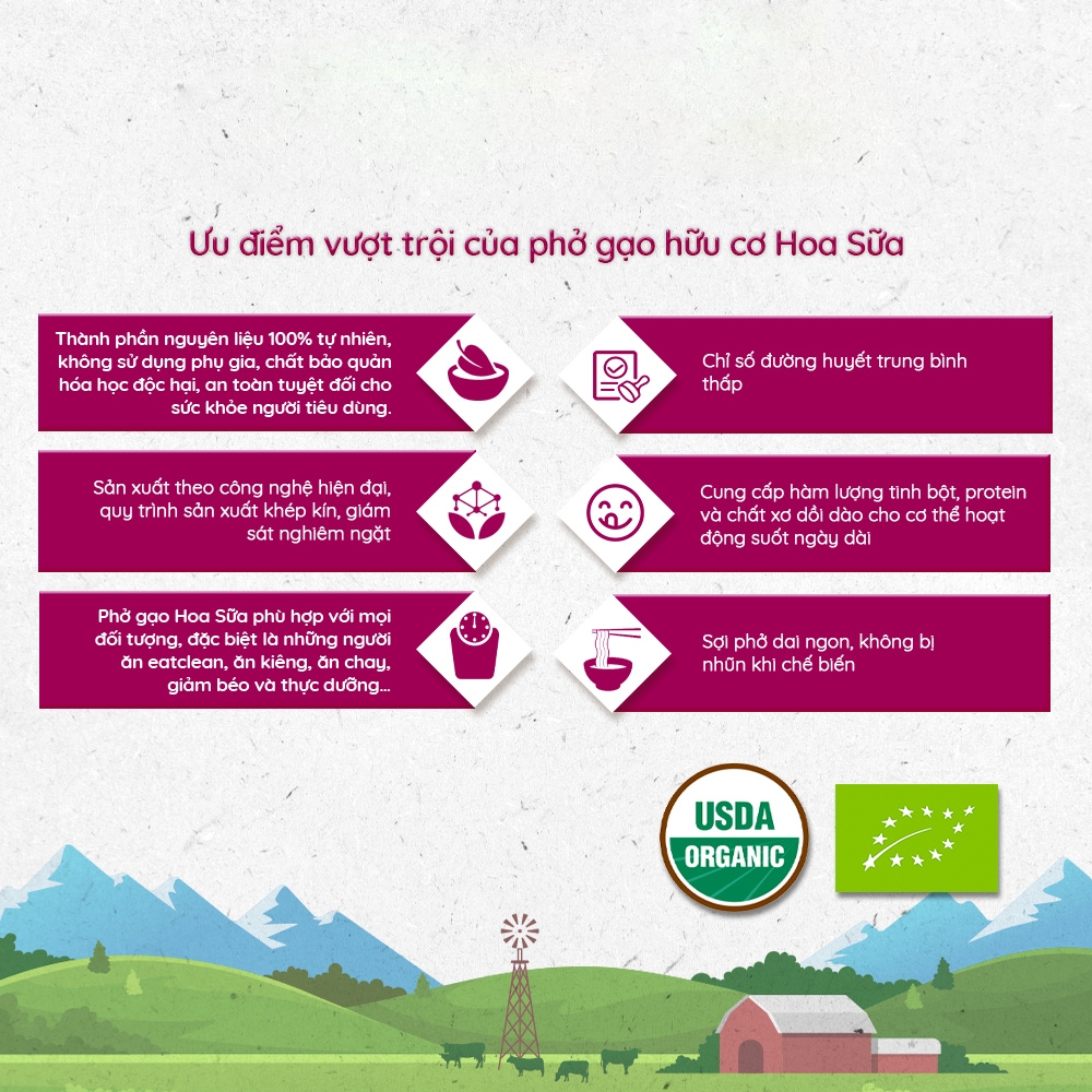 Phở gạo trắng/lứt hữu cơ Hoa Sữa 250g