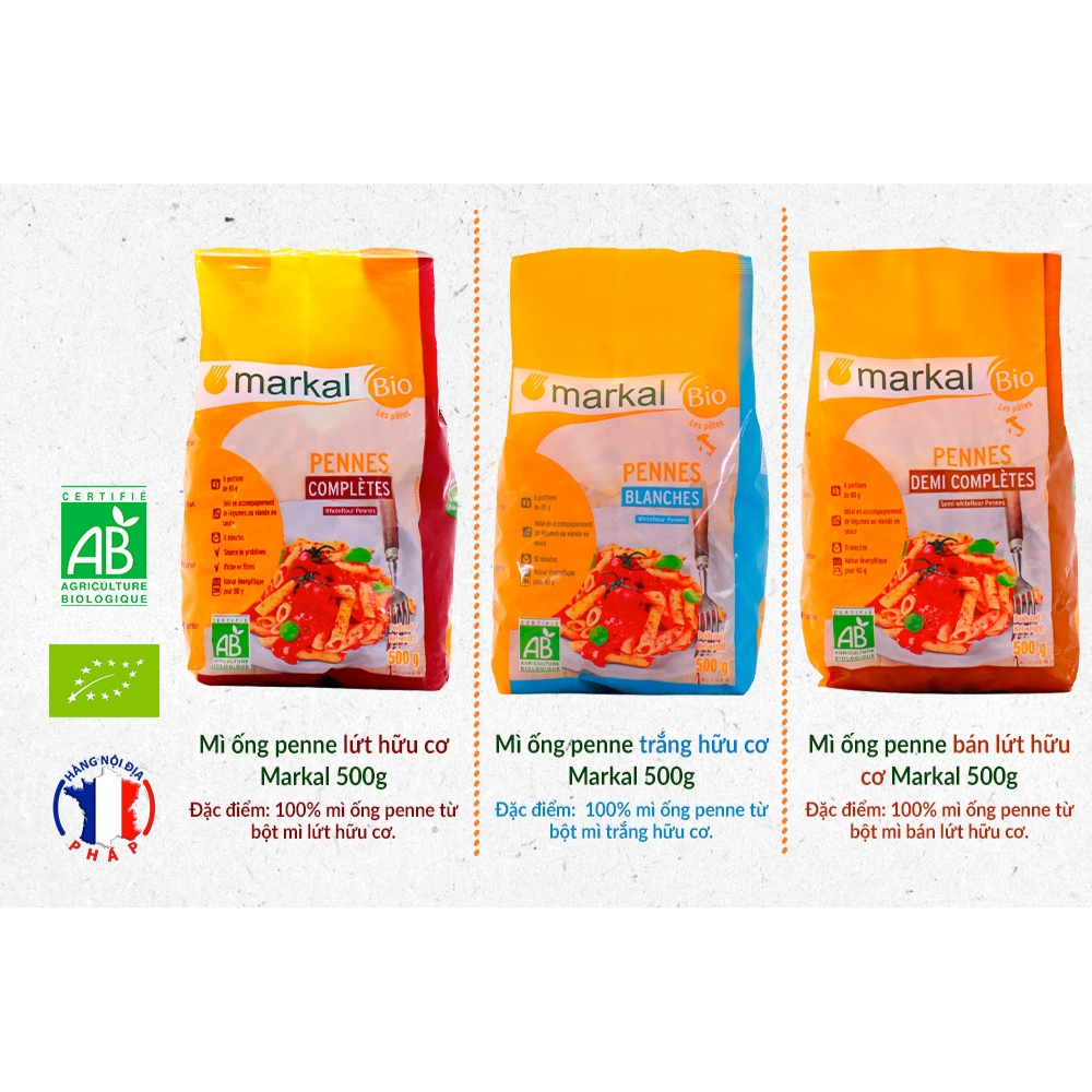 Mì ống penne lứt/bán lứt/trắng hữu cơ Markal 500g