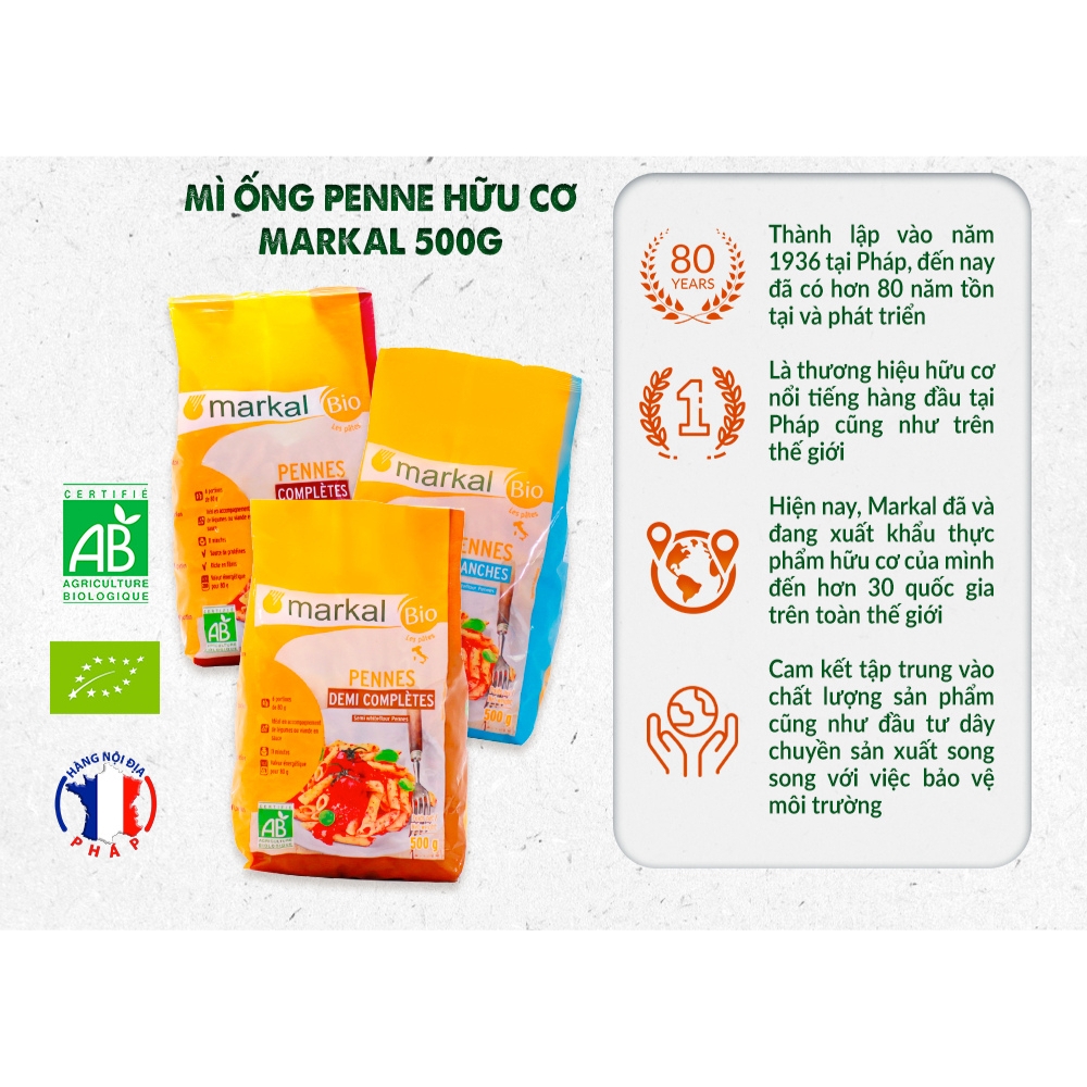 Mì ống penne lứt/bán lứt/trắng hữu cơ Markal 500g