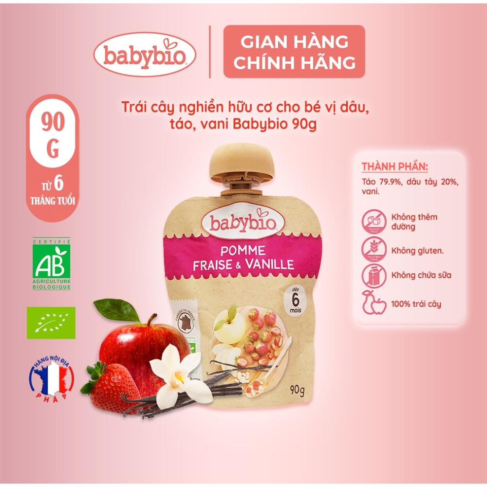 Trái cây nghiền hữu cơ cho bé nhiều vị Babybio 90g dành cho bé từ 6 tháng tuổi trở lên