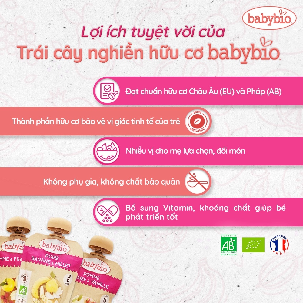 Trái cây nghiền hữu cơ cho bé nhiều vị Babybio 90g dành cho bé từ 6 tháng tuổi trở lên