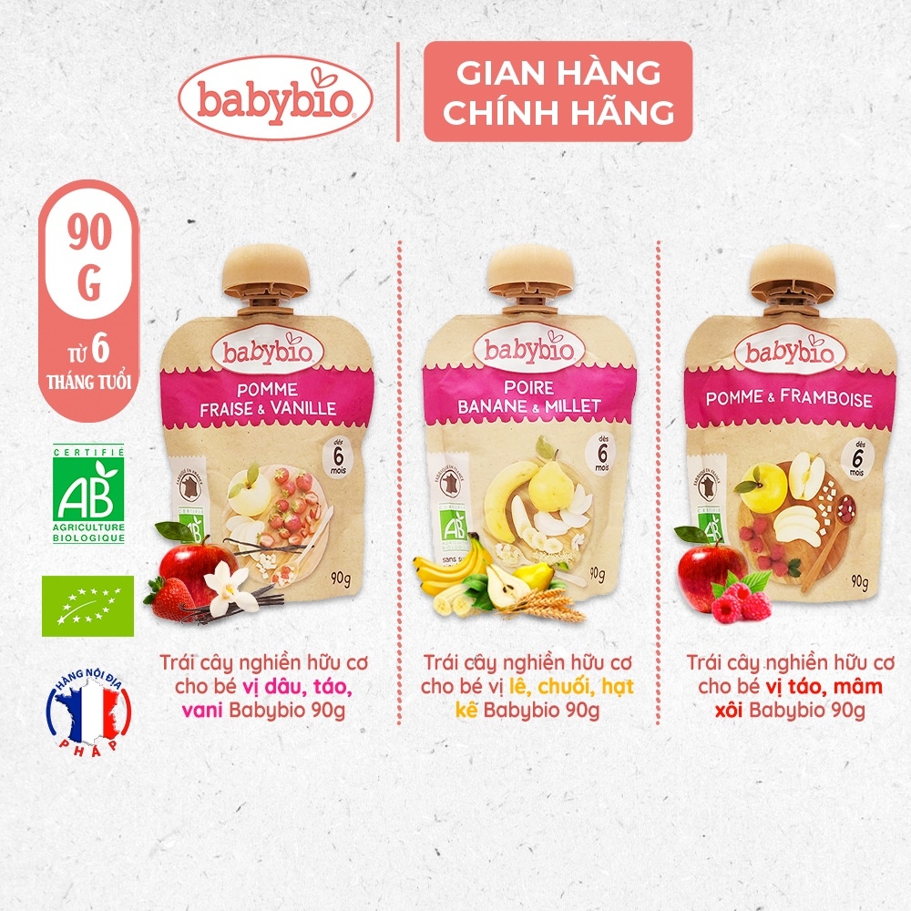 Trái cây nghiền hữu cơ cho bé nhiều vị Babybio 90g dành cho bé từ 6 tháng tuổi trở lên