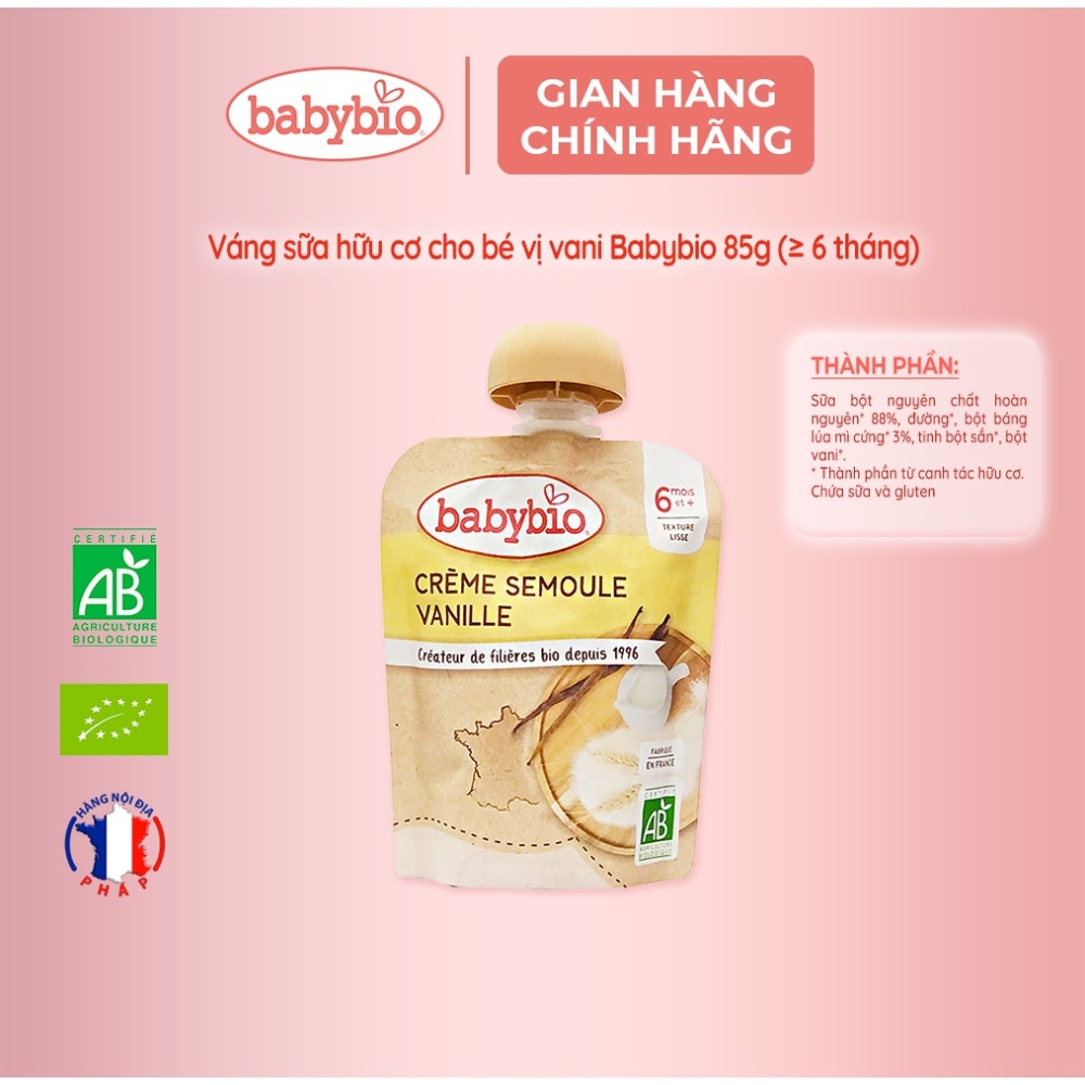 Thực phẩm bổ sung váng sữa hữu cơ cho bé vị cacao/vị vani Babybio 85g dành cho bé từ 6 tháng tuổi trở lên