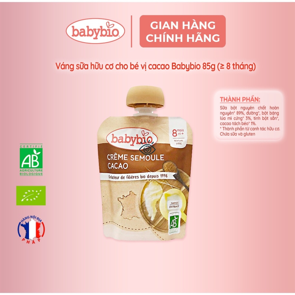 Thực phẩm bổ sung váng sữa hữu cơ cho bé vị cacao/vị vani Babybio 85g dành cho bé từ 6 tháng tuổi trở lên