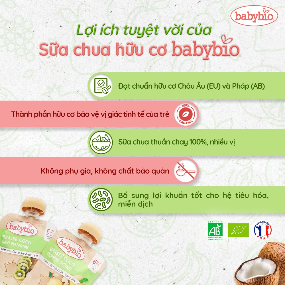 Sữa chua dừa/yến mạch hữu cơ cho bé nhiều vị Babybio 85g dành cho bé từ 6 tháng tuổi trở lên