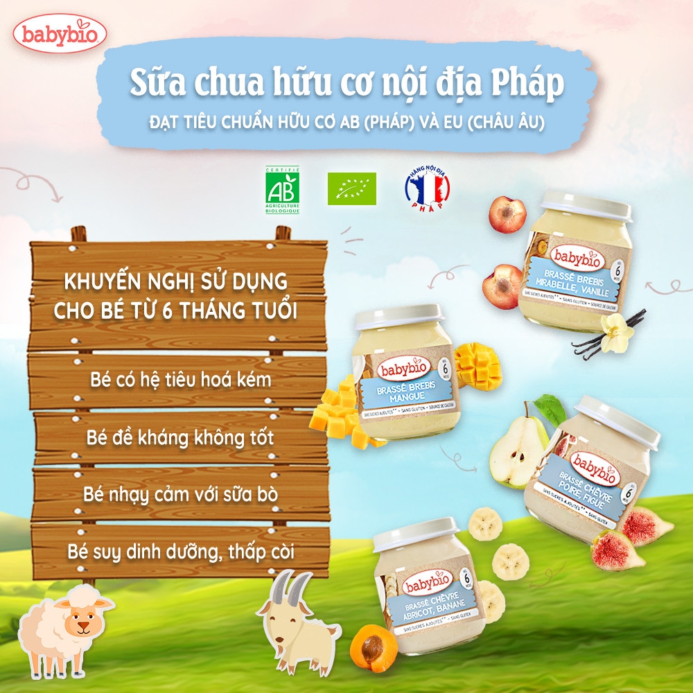 Sữa chua cừu/dê hữu cơ cho bé nhiều vị Babybio dạng hũ thuỷ tinh 130g dành cho bé từ 6 tháng tuổi trở lên