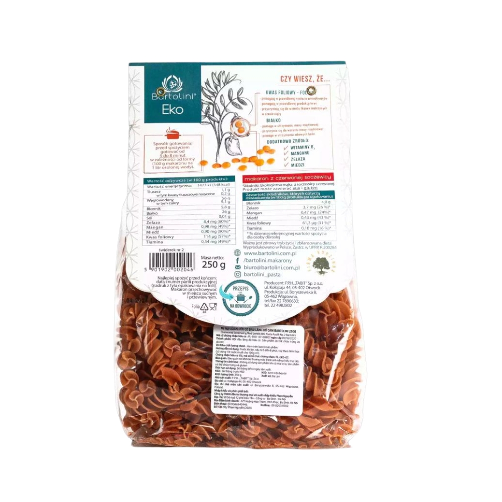 Mì nui xoắn hữu cơ đậu Hà Lan/đậu lăng đỏ cam Bartolini 250g