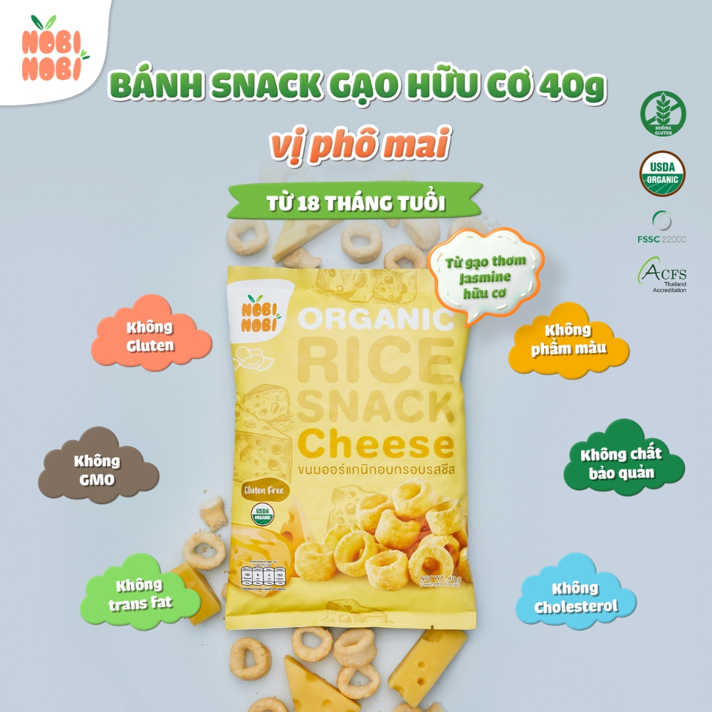Thực phẩm bổ sung bánh snack gạo hữu cơ Nobi Nobi vị phô mai/vị socola/vị truyền thống 40g dành cho bé từ 18 tháng tuổi