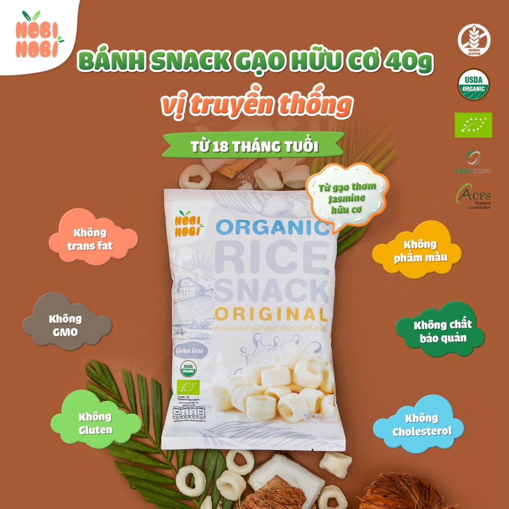 Thực phẩm bổ sung bánh snack gạo hữu cơ Nobi Nobi vị phô mai/vị socola/vị truyền thống 40g dành cho bé từ 18 tháng tuổi