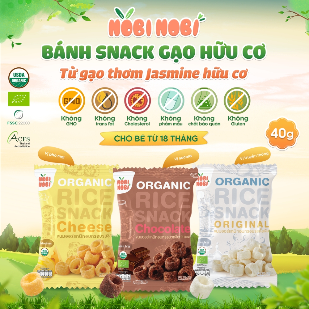 Thực phẩm bổ sung bánh snack gạo hữu cơ Nobi Nobi vị phô mai/vị socola/vị truyền thống 40g dành cho bé từ 18 tháng tuổi