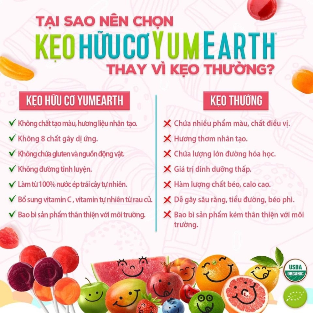 Kẹo viên/kẹo dẻo hữu cơ hình gấu/hình hạt đậu vị bạc hà/vị trái cây bổ sung vitamin C Yumearth 93,6g/50g