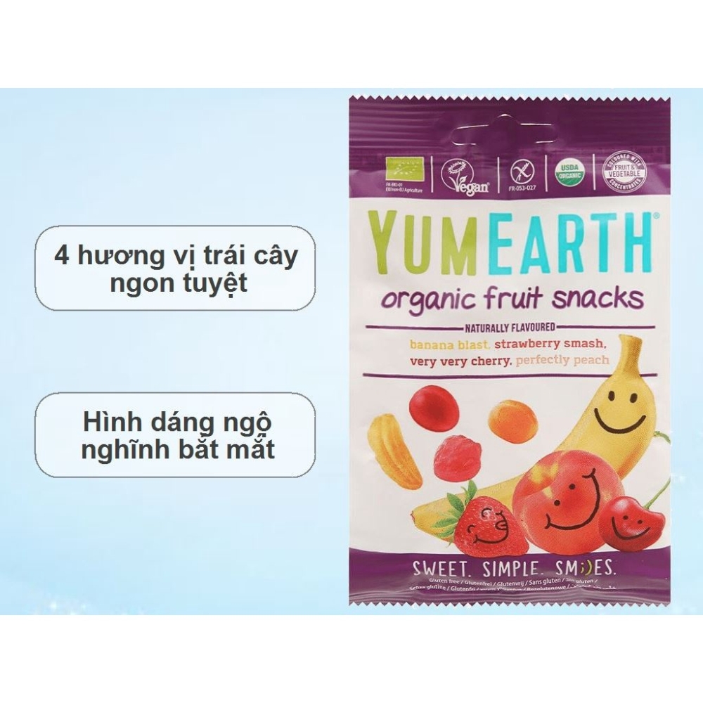 Kẹo viên/kẹo dẻo hữu cơ hình gấu/hình hạt đậu vị bạc hà/vị trái cây bổ sung vitamin C Yumearth 93,6g/50g