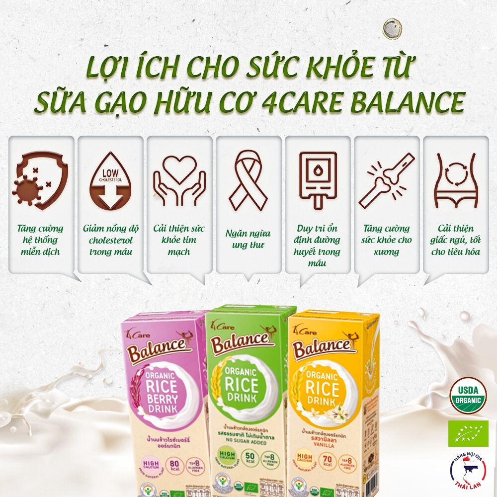 Sữa gạo trắng/gạo tím hữu cơ không đường/hương vani 4Care Balance 180ml