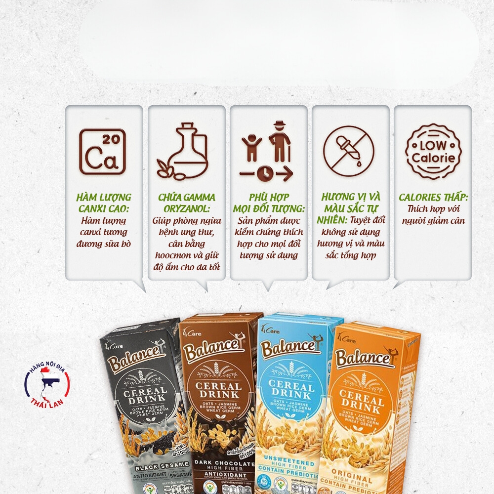 Sữa hạt ngũ cốc không đường/mè đen/truyền thống/socola 4Care Balance 180ml