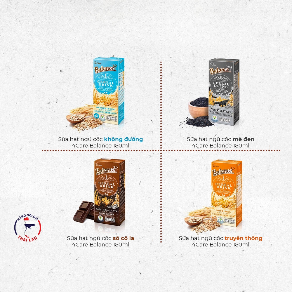 Sữa hạt ngũ cốc không đường/mè đen/truyền thống/socola 4Care Balance 180ml